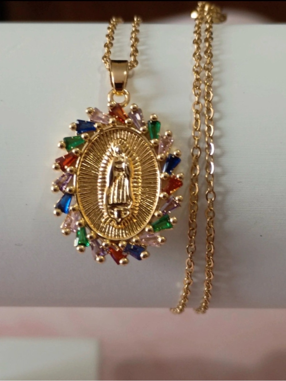 Gold Virgin Mary Pendant Necklace with Multicolored Stones